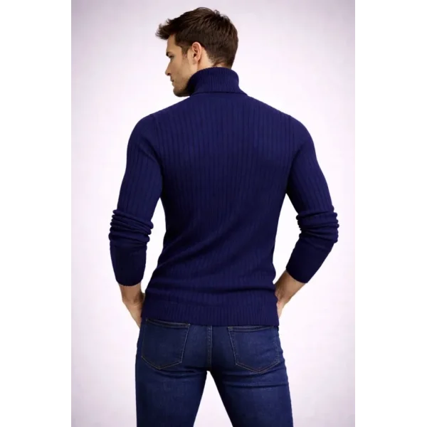 Erkek Balıkcı Yaka Bağazlı Triko Kazak Pamuklu Kalın Fitilli Dokuma, Regular Fit Uzun Kollu Kışlık Model - Lacivert