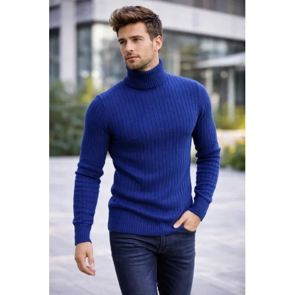 Erkek Balıkcı Yaka Bağazlı Triko Kazak Pamuklu Kalın Fitilli Dokuma, Regular Fit Uzun Kollu Kışlık Model - İndigo