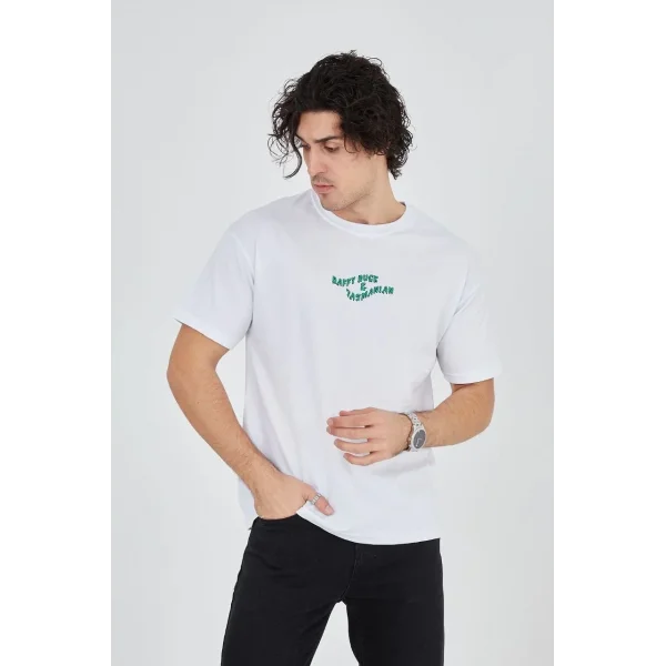 Erkek Baskılı 24/1 Penye T-Shirt - Beyaz