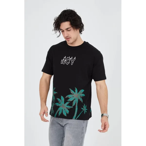 Erkek Baskılı Bisiklet Yaka T-Shirt - Siyah