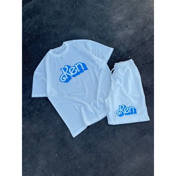 Erkek Baskılı İkili Şort Takım - Beyaz