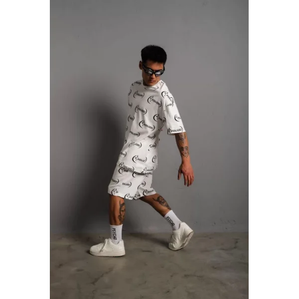 Erkek Baskılı İkili Şortlu Takım - Beyaz