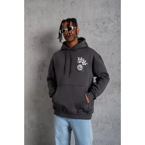 Erkek Baskılı Kapşonlu Sweat - Füme