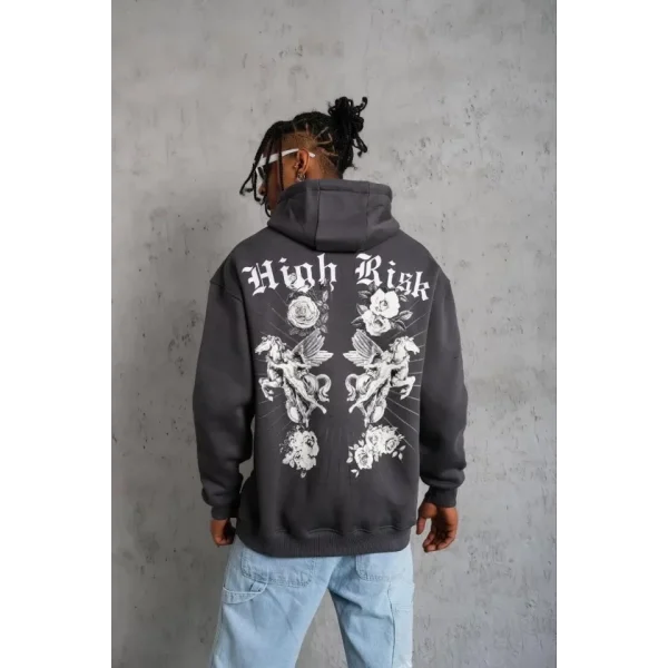 Erkek Baskılı Kapşonlu Sweat - Füme