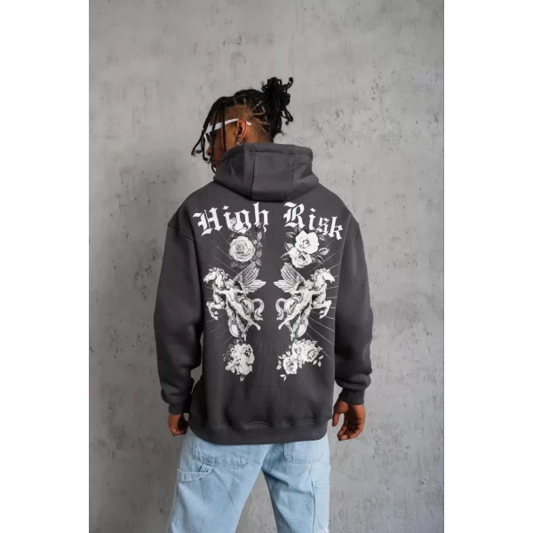 Erkek Baskılı Kapşonlu Sweat - Füme