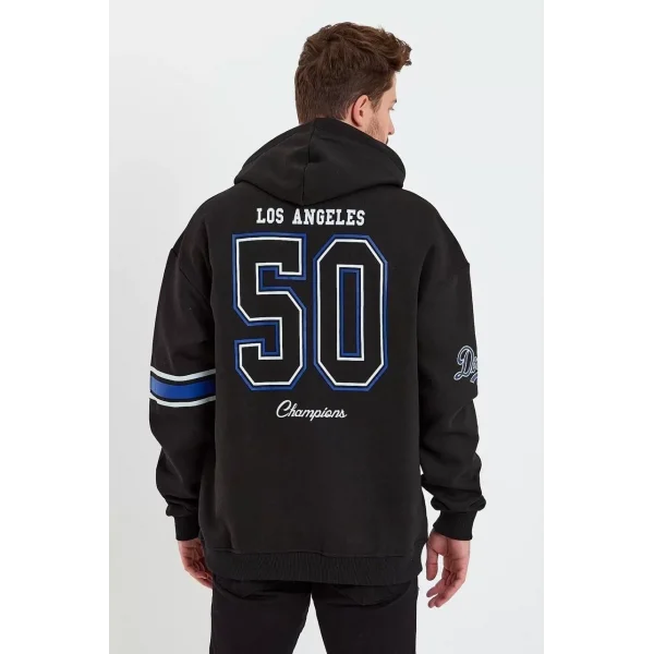 Erkek Baskılı Kapşonlu Üç iplik Oversize Sweatshirt - Siyah