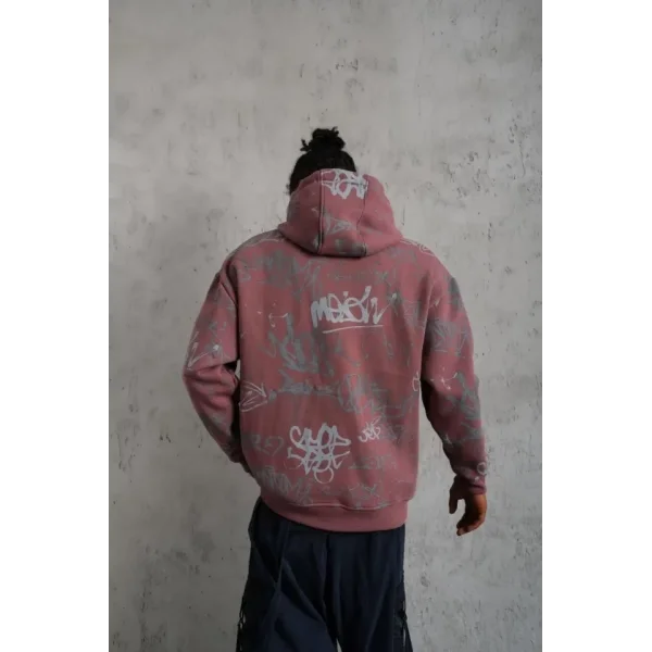 Erkek Baskılı Kapüşonlu Ribanalı Sweat - Gül Kurusu