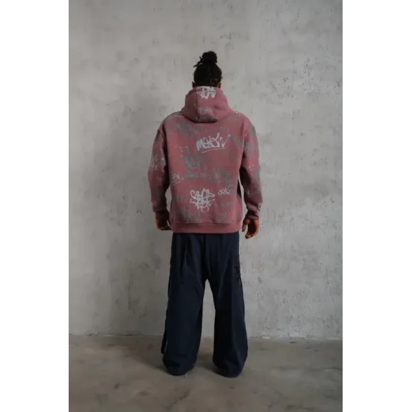 Erkek Baskılı Kapüşonlu Ribanalı Sweat - Gül Kurusu