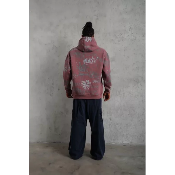 Erkek Baskılı Kapüşonlu Ribanalı Sweat - Gül Kurusu