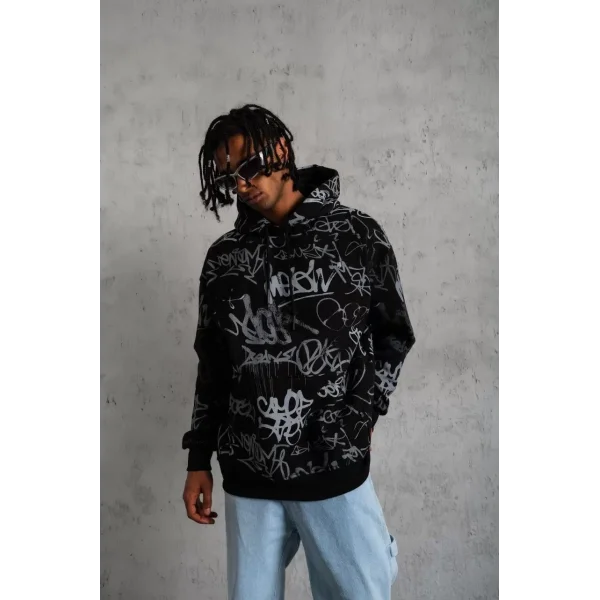 Erkek Baskılı Kapüşonlu Ribanalı Sweat - Siyah