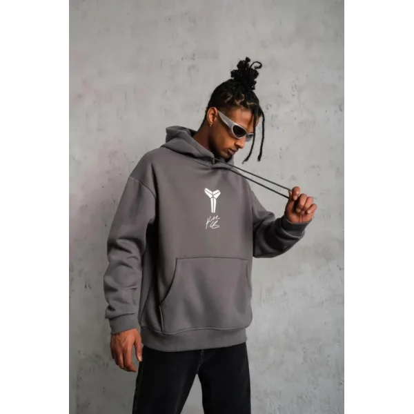 Erkek Baskılı Kapüşonlu Sweat - Gri