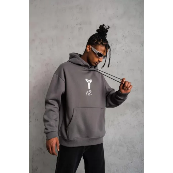 Erkek Baskılı Kapüşonlu Sweat - Gri