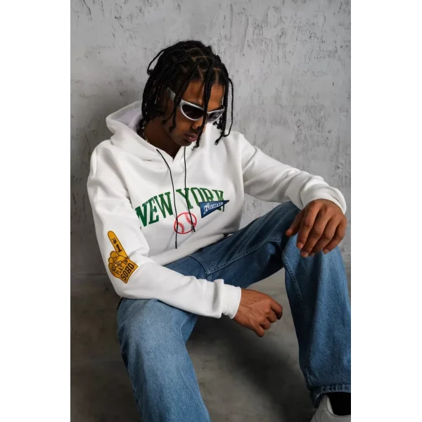 Erkek Baskılı Kapüşonlu Sweatshirt - Beyaz