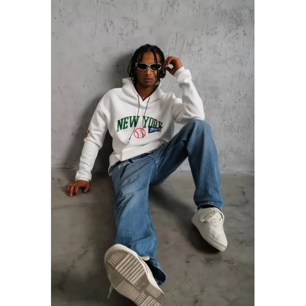 Erkek Baskılı Kapüşonlu Sweatshirt - Beyaz