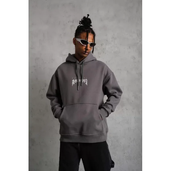 Erkek Baskılı Kapüşonlu ve Kanguru Cepli Sweat- Gri