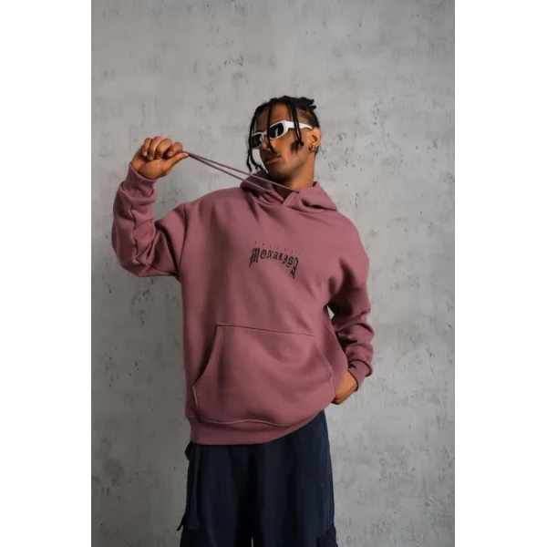 Erkek Baskılı Kapüşonlu ve Kanguru Cepli Sweat - Gül Kurusu