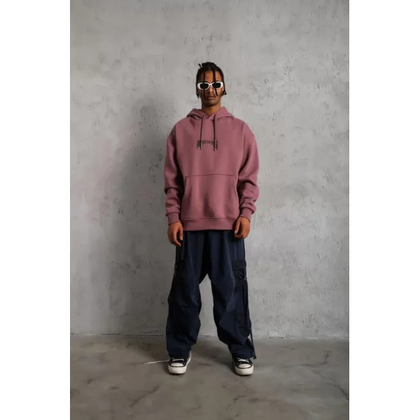 Erkek Baskılı Kapüşonlu ve Kanguru Cepli Sweat - Gül Kurusu