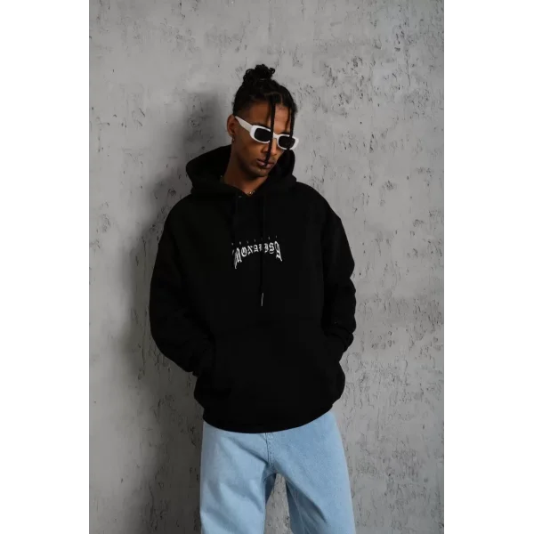 Erkek Baskılı Kapüşonlu ve Kanguru Cepli Sweat - Siyah