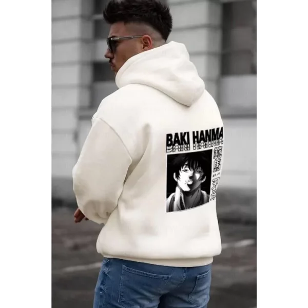 Erkek Baskılı Kapüşonlu ve Kordon İpli Sweat - Beyaz