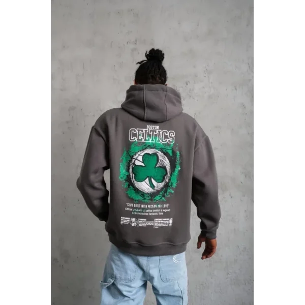 Erkek Baskılı Kapüşonlu Ve Kordon İpli Sweat - Gri