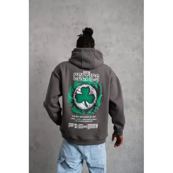 Erkek Baskılı Kapüşonlu ve Kordon İpli Sweat - Gri