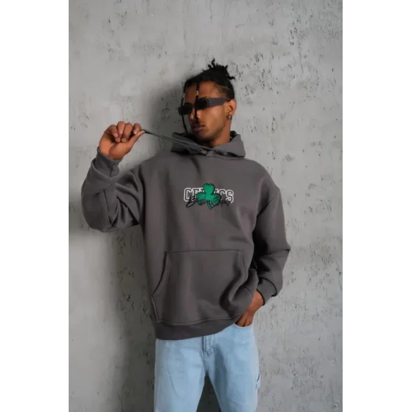 Erkek Baskılı Kapüşonlu Ve Kordon İpli Sweat - Gri