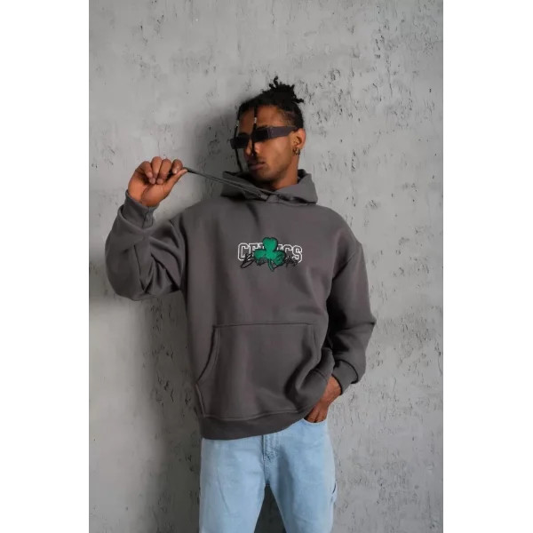 Erkek Baskılı Kapüşonlu ve Kordon İpli Sweat - Gri