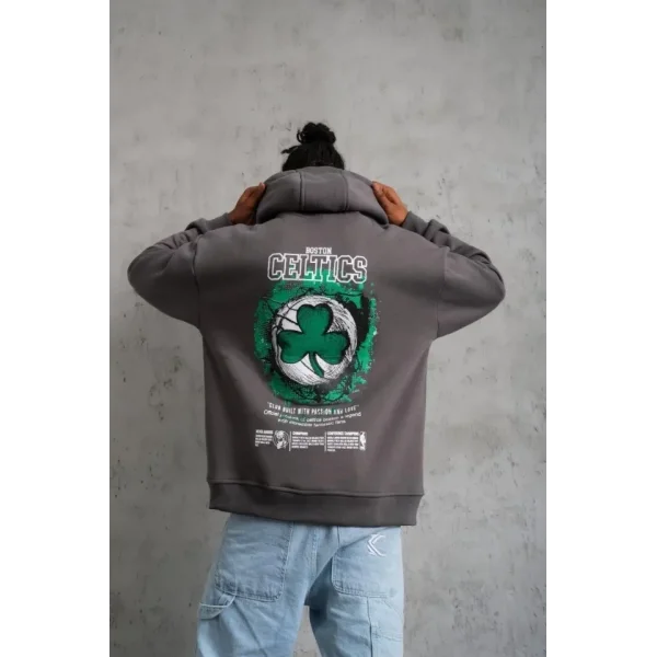 Erkek Baskılı Kapüşonlu Ve Kordon İpli Sweat - Gri