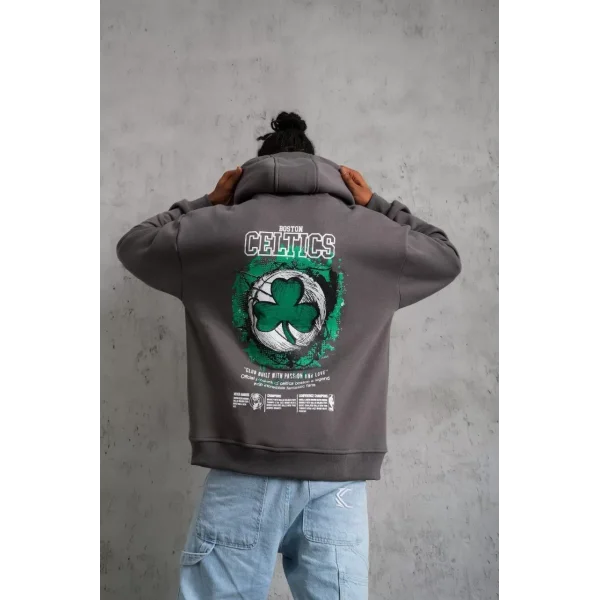 Erkek Baskılı Kapüşonlu ve Kordon İpli Sweat - Gri