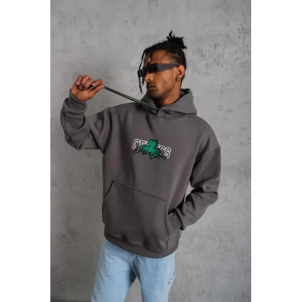 Erkek Baskılı Kapüşonlu ve Kordon İpli Sweat - Gri