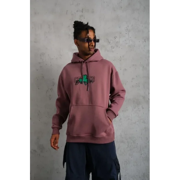 Erkek Baskılı Kapüşonlu Ve Kordon İpli Sweat - Gül Kurusu