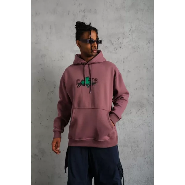 Erkek Baskılı Kapüşonlu ve Kordon İpli Sweat - Gül Kurusu