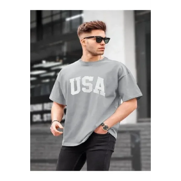 Erkek Baskılı Oversize T-shirt - Gri