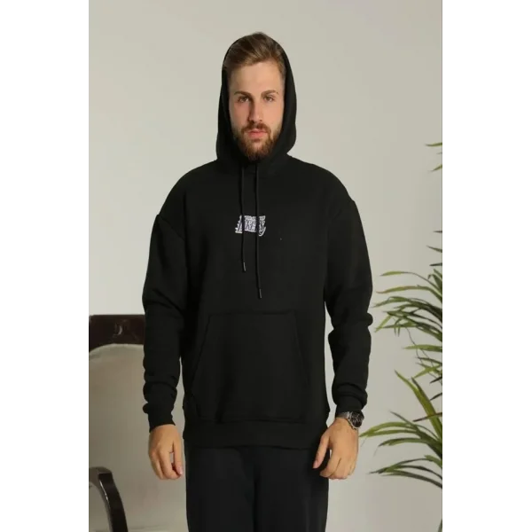 Erkek Baskılı Oversize Üç İplik Kapüşonlu Sweatshirt - Siyah