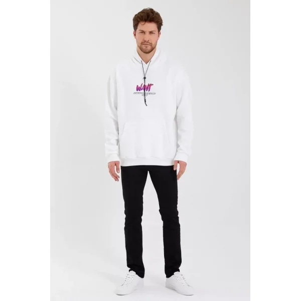 Erkek Baskılı Üç İplik Kapüşonlu Oversize Sweatshirt - Beyaz
