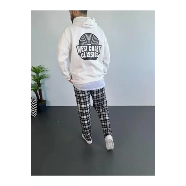 Erkek Baskılı Üç İplik Kapüşonlu Oversize Sweatshirt - Beyaz
