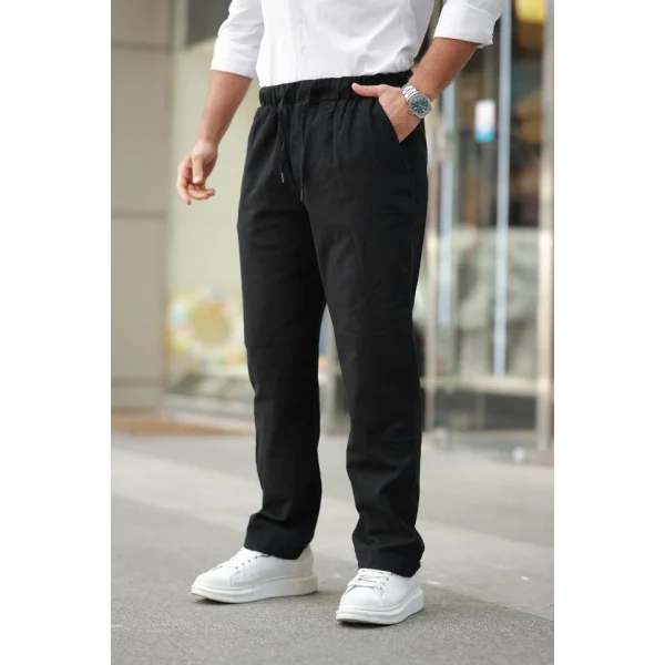 Erkek Beli Lastikli Keten Rahat Pantolon