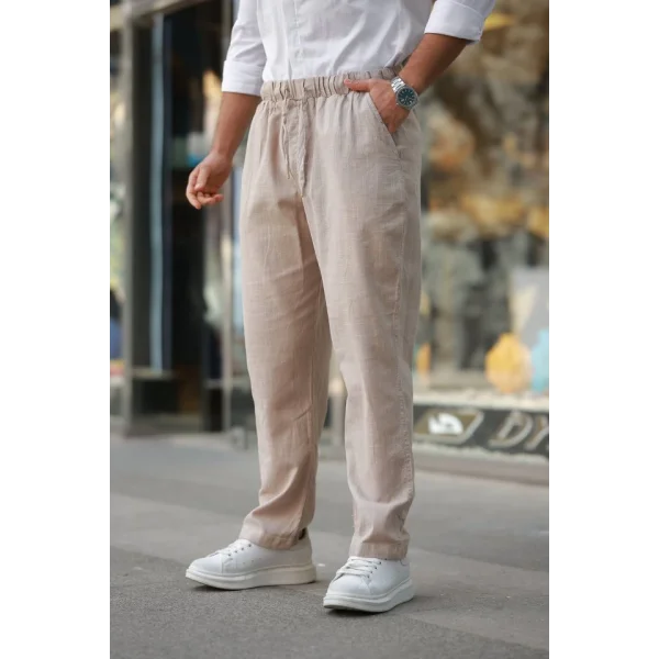 Erkek Beli Lastikli Keten Rahat Pantolon