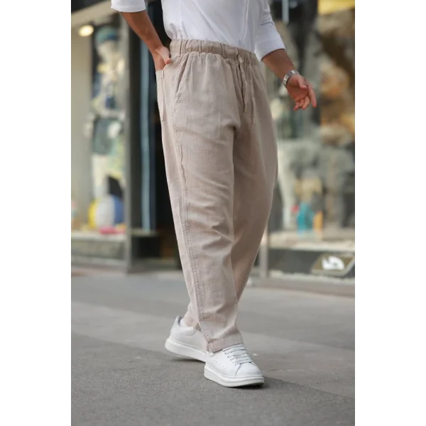 Erkek Beli Lastikli Keten Rahat Pantolon