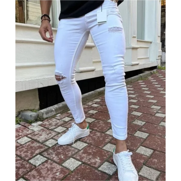 Erkek Beyaz Yırtık Detaylı Skinny Jean