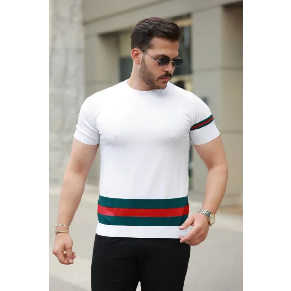 Erkek Bisiklet Yaka Bel Ve Kol şerit Desenli Kısa Kollu Tişört