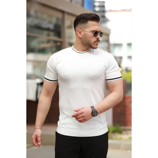 Erkek Bisiklet Yaka çizgi Desenli Ribanalı Kısa Kollu Tshirt