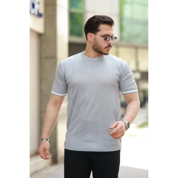 Erkek Bisiklet Yaka çizgi Desenli Ribanalı Kısa Kollu Tshirt