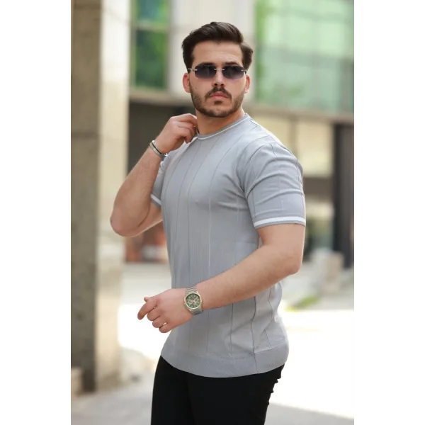 Erkek Bisiklet Yaka çizgi Desenli Ribanalı Kısa Kollu Tshirt