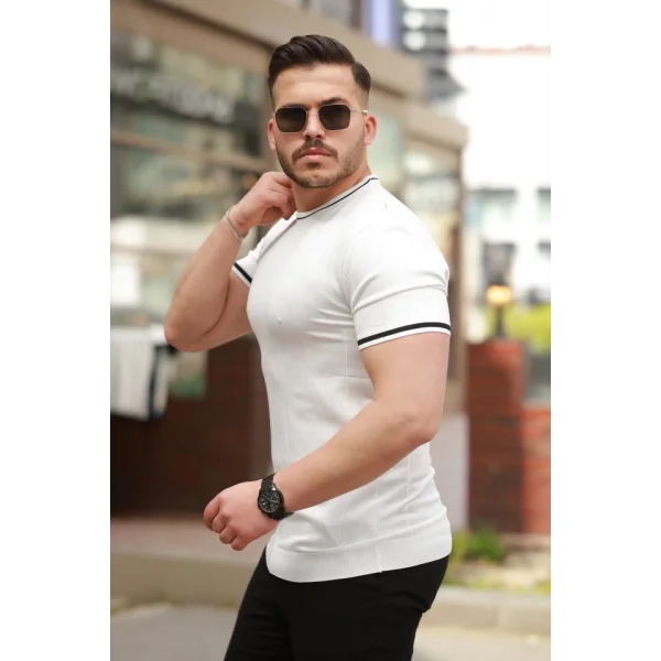 Erkek Bisiklet Yaka çizgi Desenli Ribanalı Kısa Kollu Tshirt