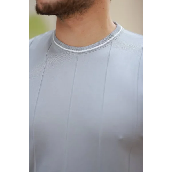 Erkek Bisiklet Yaka çizgi Desenli Ribanalı Kısa Kollu Tshirt