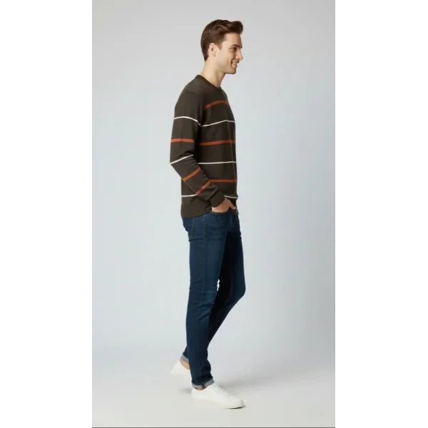 Erkek Bisiklet Yaka Cizgili Triko Kazak Yumuşak Dokulu Pamuklu Ince Dokuma, Uzun Kollu Rahat Regular Kalıp - Koyu Kahverengi