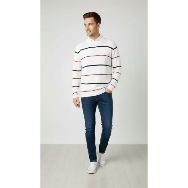 Erkek Bisiklet Yaka Cizgili Triko Kazak yumuşak dokulu Pamuklu ince Dokuma, uzun kollu Rahat Regular kalıp - Beyaz