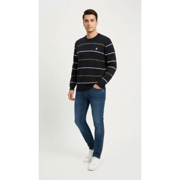 Erkek Bisiklet Yaka Cizgili Triko Kazak yumuşak dokulu Pamuklu ince Dokuma, uzun kollu Rahat Regular kalıp - Lacivert