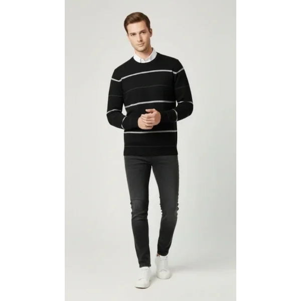 Erkek Bisiklet Yaka Cizgili Triko Kazak Yumuşak Dokulu Pamuklu Ince Dokuma, Uzun Kollu Rahat Regular Kalıp - Siyah